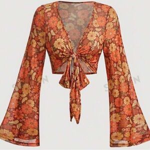 Vintage Floral Print Tie Front Bell Long Sleeve Crop Top